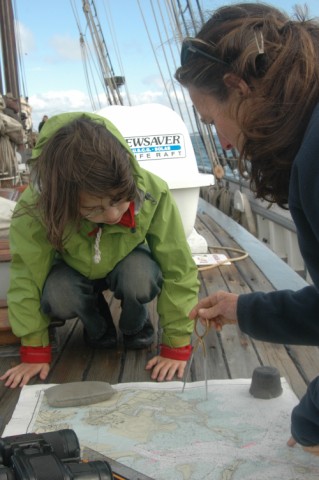 Captain Amanda teaches Alice how to measure distance with the dividers