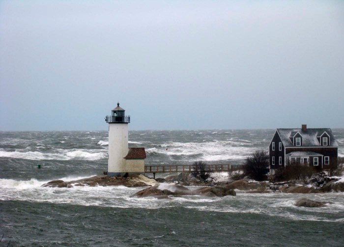 storm surf attempting to claim Annisquam Light