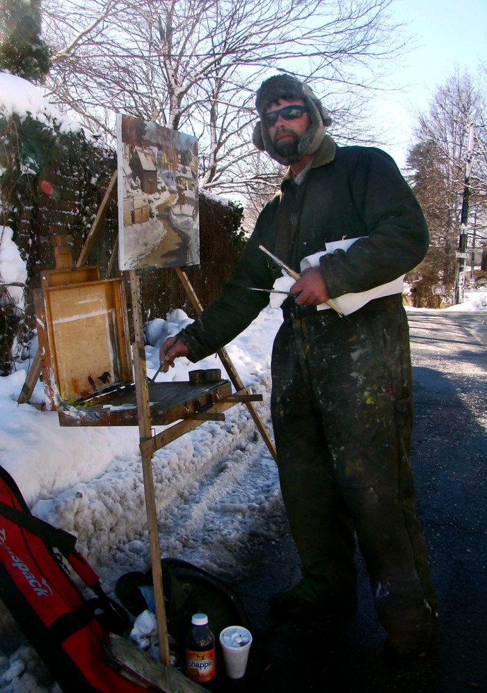 Painter Caleb Stone capturing Annisquam Village En Plein Air on a cold January afternoon