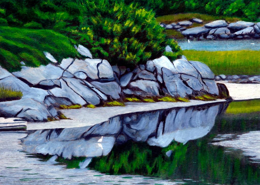 painting of egret feeding at Goose Cove in the low tide shallows