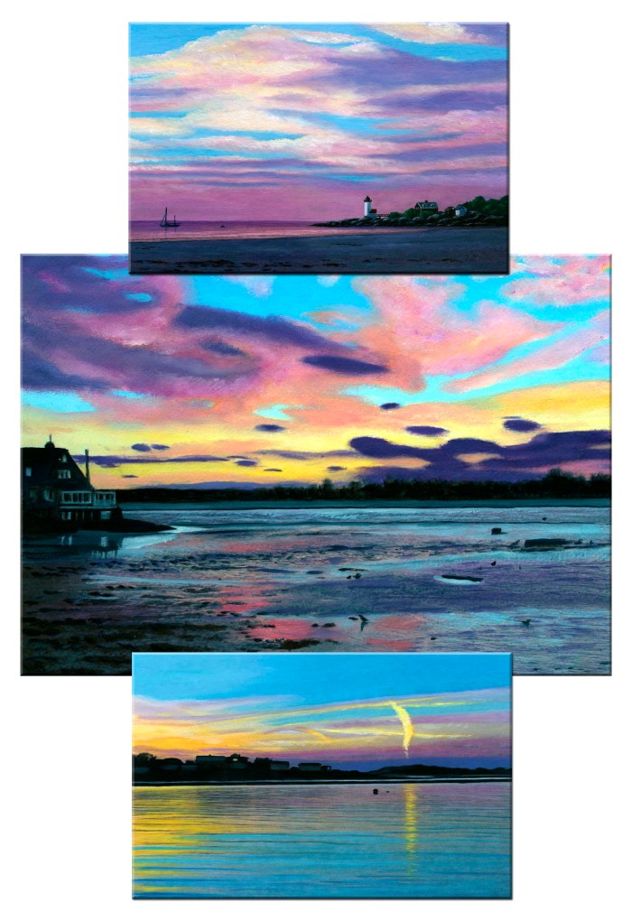 Paintings of three sunsets and unique atmospheric conditions they create