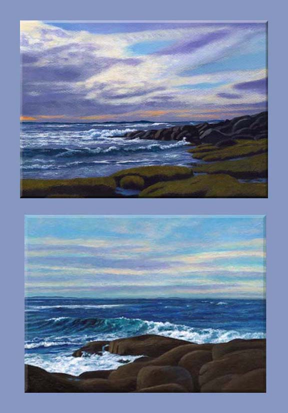 paintings of waves breaking on the rocks of Cape Ann