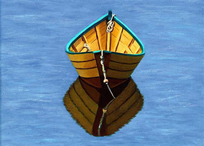 painting of a yellow dory reflecting in the calm water