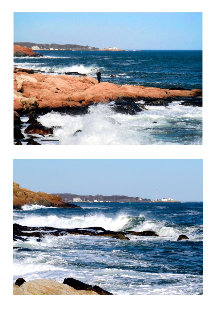 Eastern Point Light from Magnolia behond crashing waves on rocks