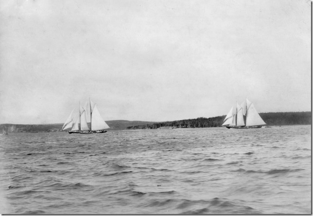 from verso:  "Start of the first race of the Internatonal Race, showing 'Elsie' in the lead with Bluenose in rear."  1921, Halifax Nova Scotia