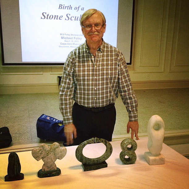 Michael Foley at a recent presentation at the Cape Ann Museum - some of these works are being sold at the gallery