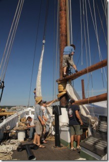 Amistad and Adventure crew prepare for jumbo and fore sails