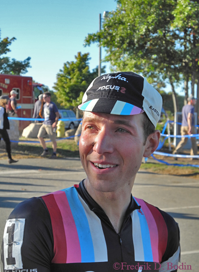 This is Jeremy Powers, 1st place winner. He was surrounded by cameras from various biking media, and of course I barged in.  Jeremy was friendly and graceful. He is winner of Cyclo-Cross World Championships  in Louisville. Good luck to you all, men and women cyclists, and we hope to see you next year in Gloucester.