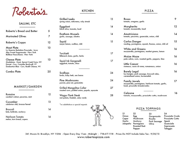 Roberta's Dinner Menu