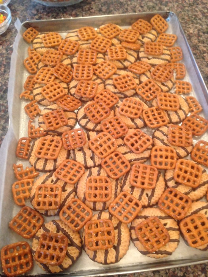 pretzell and cookies on pan