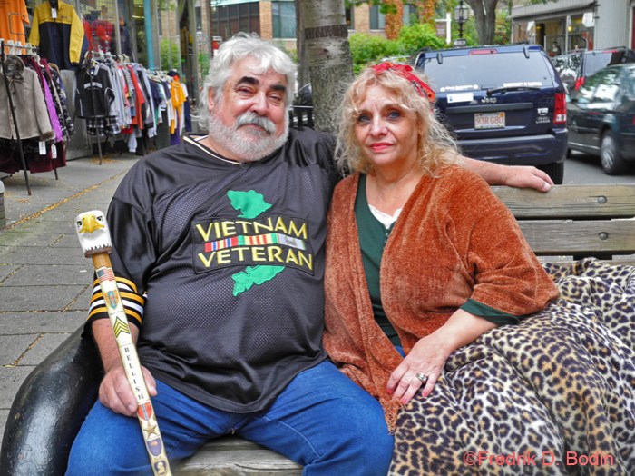 As I was walking to work today, this guy stepped aside for me to pass. As I walked by him, I mentioned how much I liked his cane, not realizing what it symbolized. I saw him and his wife later sitting on the bench in front of Palazolas. So you all know me... This is Duane Bellish and his loving wife of 54 years, Sandy. They live in Grayling, northern Michigan. They love Glosta', having never even been here before. "All the people we've met have been fun, interesting, and most helpful. Fred, you alone have made our weekend." We spent maybe an hour together talking. They are devout Christians, and blessed me half a dozen times. Me, I bless them only once, but to the power of 20. God Bless Duane and Sandy x 20!