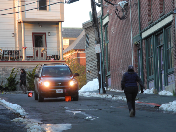 The "no truck." This SUV plowed thru 4 traffic cones and was dragging one toward the set. The young woman on duty stopped them and put them on the right course. She also reset all of the orange cones at the top of Center Street.