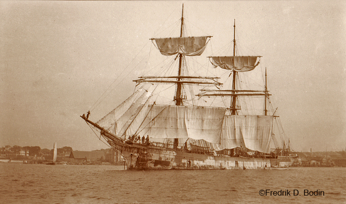 The Italian salt barque Nostra Signora del Boschetto drying her sails. When Gloucester could not make enough salt for our fleet, we imported it from Europe.