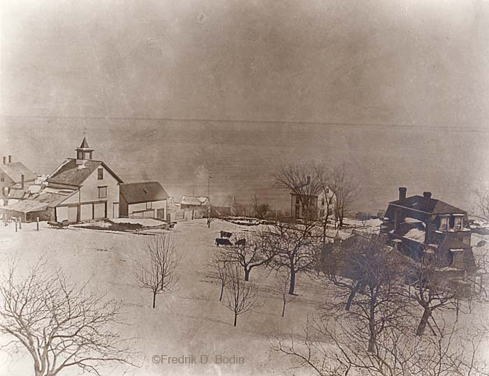 Winter View From Charles Cleaves' Attic, circa 1900. At 5pm, it just started snowing on Main Street, and the plows are out. There is a parking ban on the streets of the City of Gloucester.