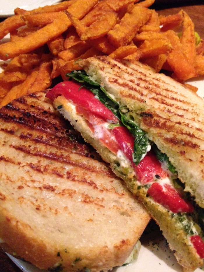 Veggie Panini with Sweet Potato Fries from the Seaport Grille. Come on!  So crazy good.  