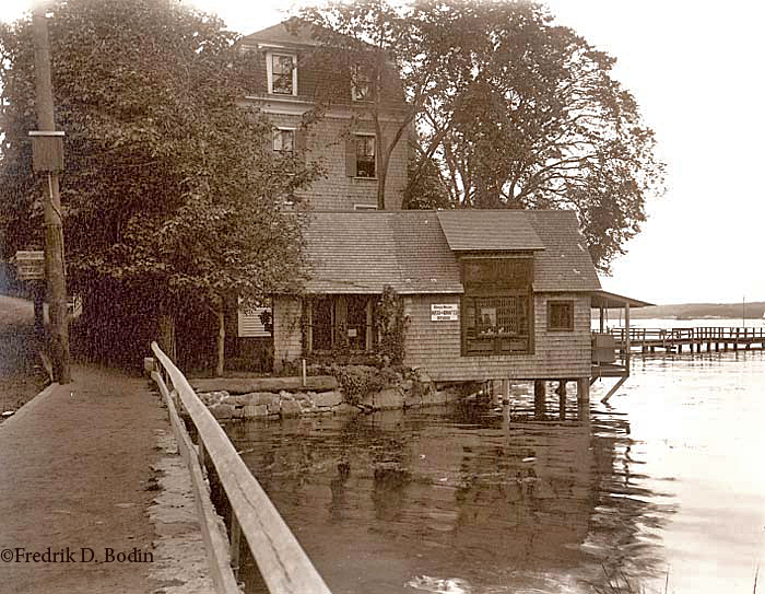 Renowned American painter John Henry Twachtman (1853-1902) spent the last years of his life depicting Gloucester scenes. In this photo, his studio is called the Grace Hazen Studio, later that of O'Hara, with the Harbor View Hotel in the background. 
