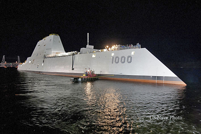 Numerous groundbreaking features are built into the Zumwalt, among them: Tumblehome or reverse bow to slice through waves and reduce the wake; No windows or portholes; Composite superstructure; Crew of 130, which is about half that of similar warships, and no external antennas. USN Captain James A. Kirk's futuristic destroyer's stealth features will also make the ship appear as a Gloucester fishing boat on enemy radar. 