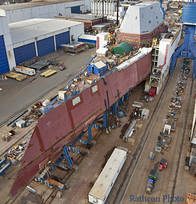 Destroyer Zumwalt under construction at the Bath Iron Works. The ship will go to sea in 2016. Cost: $3 billion dollars. 