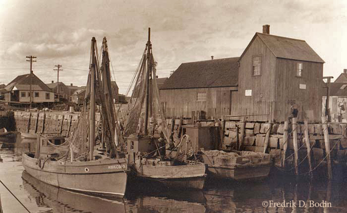 Two mackerel seiners are tied up at Rockport's Bradley Wharf in front of Motif No. 1.  The boats are the Rosie and the Joe D’Ambrosio.