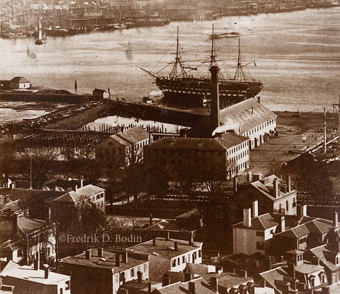 The Boston Navy Yard was established in 1801 in the Charlestown neighborhood of Boston. The facility built 130+ naval warships, including the USS Constitution in 1814. The Frigate USS Wabash is seen here serving as a receiving or barracks ship, which she did from 1876 until being sold in 1912. The 30 acre Navy Yard is now part of the Boston National Historical Park and home of "Old Ironsides," the oldest commissioned warship in the world.