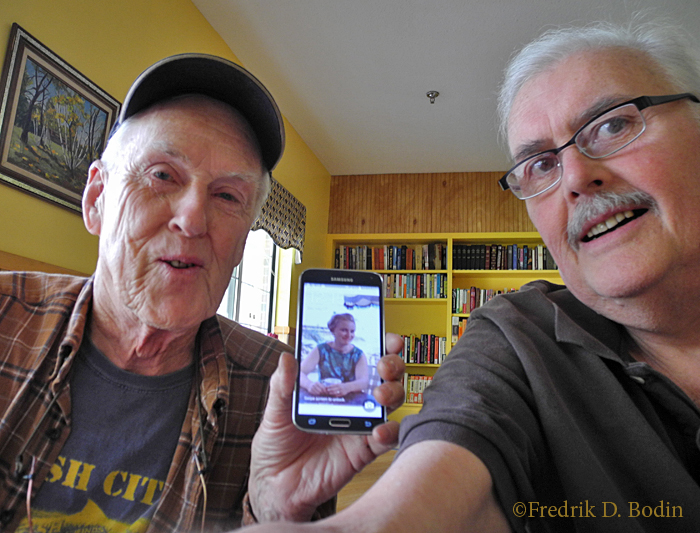 My friend Al Bezanson visited me at Rehab, where I made my first "selfie." Between us, on his cell phone, is Al's bride Phyllis in her 20's. Al was in Gloucester to work on his schooner Green Dragon for spring launching. It's always a pleasure to see Al and Phyllis in the gallery, and at their summer digs on Rocky Neck over a bottle of rum. I made a promise to myself to sail the Green Dragon this summer, and take another selfie of us at the wheel.