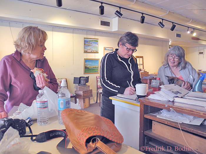 The visit was rewarding, stressful, and tiring. This was a big step and a test of my rehabilitation. It's difficult to operate a gallery from a wheelchair or walker. Tomorrow it's back to physical therapy, continuing down the road toward walking. The gallery will be open Saturdays from 11 am to 5 pm, and more days as my stamina and mobility improve. My next visit will earn me a spicy Italian meal from Virgilio's, a third generation Gloucester bakery. Pictured above on cover: L-R: Donna, Janet, and Valerie.