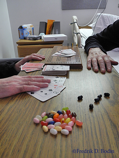 My roommate here at the rehab plays cribbage once a week with his friend, a facility volunteer. They play for fun and share gourmet jelly beans during the game. Cribbage was a popular card game in 17th century England, where it's the only game allowed to be played in pubs for money. The US Navy Submarine Service has long called cribbage its "unofficial pastime." I've got to try it...