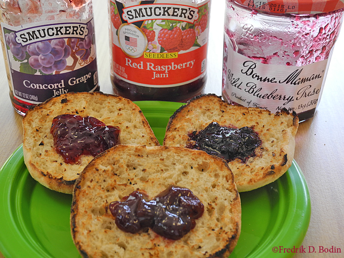 Here in the rehab, we're served toast or English muffins with breakfast, accompanied by a tiny .05 oz. sealed cup of so-so jelly. It made me think: I didn't know the difference between jelly, jam, and preserves. Quite a few people I asked didn't know either, especially guys. Here's what I use now and how they differ. -Jelly (L): Cooked fruit juice with sugar and thickened with pectin. -Jam (M): Crushed fruit cooked with sugar. Pectin is in the fruit. Less of a gelled texture that jelly. -Preserves (R): Cooked fruit with sugar. Fruit is in medium to large chunks.