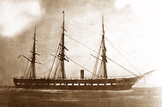 Frigate USS Wabash was built in 1855 as a steam and sail powered top of the line fighting ship. The 301 foot long Wabash carried 50 guns. She's pictured in this 1863 photo during Civil War duty.