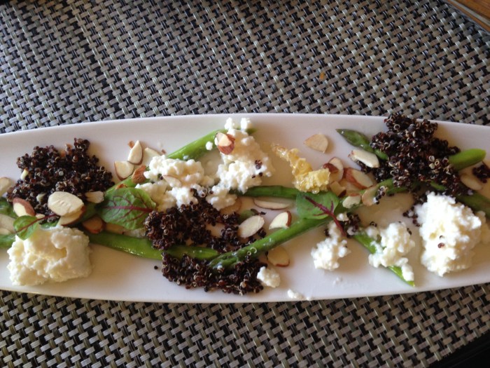 Creamy Ricotta Cheese, Asparagus, Honeycomb, Almonds, and Quinoa