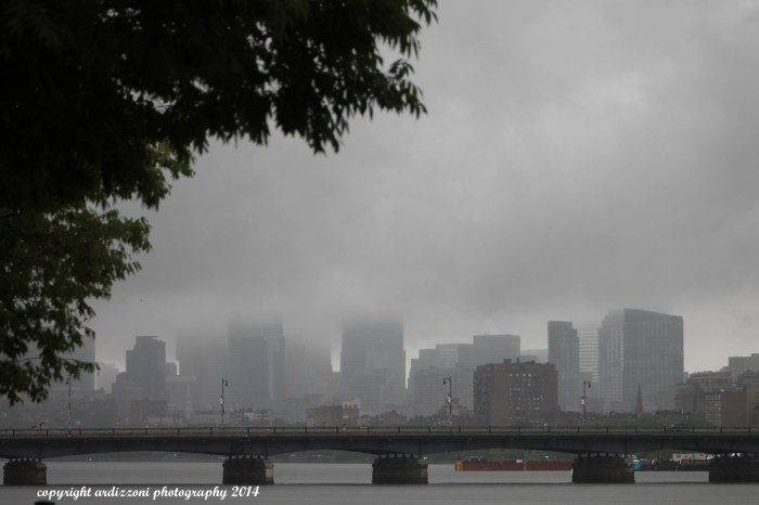 July 4, 2014 foggy Boston with the firework barge in the background