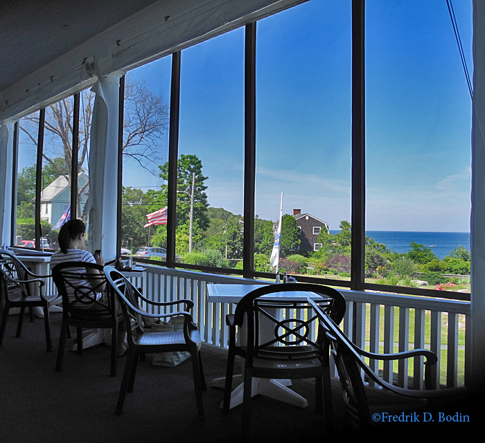 Part of the restaurant at the Emerson Inn is called the Veranda, a screened in dining area with adjoining open porch with rocking chairs. It all overlooks the Atlantic Ocean.