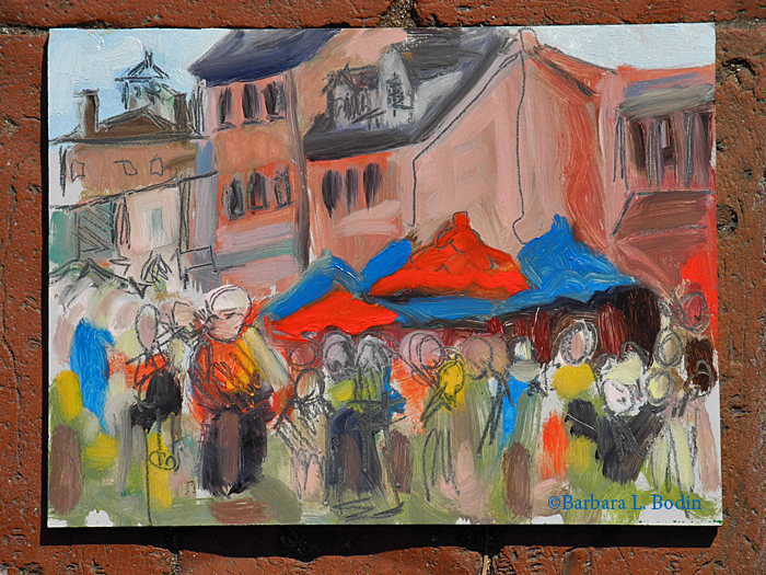 The 56th annual Gloucester Sidewalk Bazaar begins at 9 am and is open until 5 pm Thursday, August 7th. It continues again on Friday the 8th and Saturday the 9th. Main Street in Downtown Gloucester is closed to all vehicles, and vendors of all types line the street from Prospect Street to Washington Street. Dance and musical performances take place all day. This is a great event for children and for grown up-bargain hunters. Enjoy! Painting by "Painter Barb," my sister.