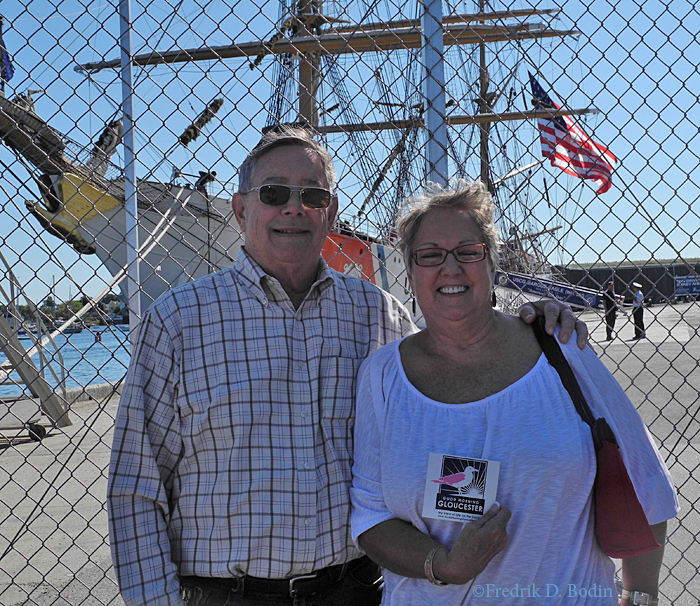 Chuck and Sharon are FOBs from Florida. Chuck is from Miami and Sharon is the Tallahassee Lassie. We photographed the Eagle entering Gloucester Harbor, and later then they represented in front of the ship.