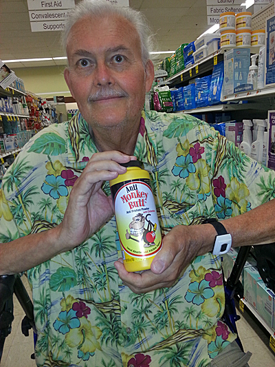 "Adventures with Donna." I cannot walk and I cannot drive (yet). I rely on my friends for 99% of my transportation to anywhere, including medical appointments and buying essential items. Today, Donna Ardizzoni, a fellow GMG author, drove me to the East Gloucester Rite Aid. We got everything I needed, including special special undergarments (which I'll cover in another post). One thing we found was Monkey Butt Powder, which may have worked for me after wearing my sneakers for several months without socks. One can only do that with a true friend. 