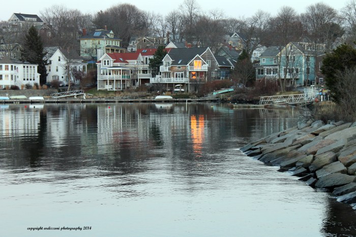 December 27, 2014 sun reflecting off windows on Rocky Neck