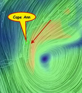Wind from the North East is on a long fetch across the Gulf of Maine. Even though Cape Ann is to the west of the highest wind velocity the waves roll out of that groove into Cape Ann.