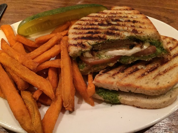 Eggplant Panini: Thinly sliced fried eggplant, fresh mozzarella, tomato and pesto grilled on buttery ciabatta bread 1