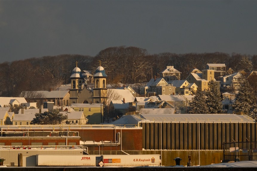 Our Lady of Good Voyage winter snow Gloucester harbor ©kim Smith 2015