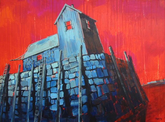“grey barn, red sky” 30” x 40 “ acrylic on canvas by Adam O’Day