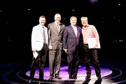 L-R: Kevin Hill NSMT Artististic director, State Rep Jerry Parisella (who also presented a citation from the house), Senator Bruce Tarr and Bill Hanney