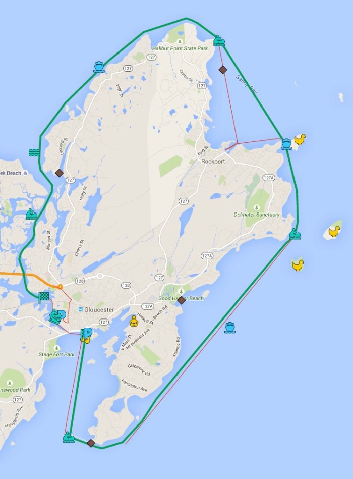 Start at the high school, gun goes off north of the railroad bridge, paddle down the river and then start taking right turns until you go all the way around and into Gloucester Harbor to the Greasy Pole Finish line. Simple.
