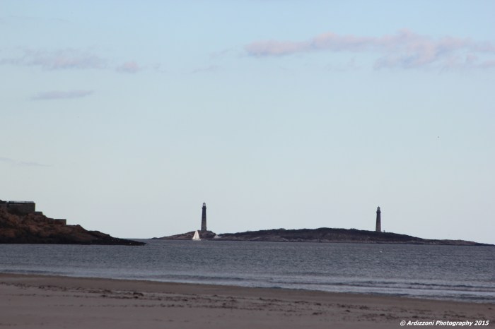 October 16, 2015 Lone Sailboat by Twin Lighthouses
