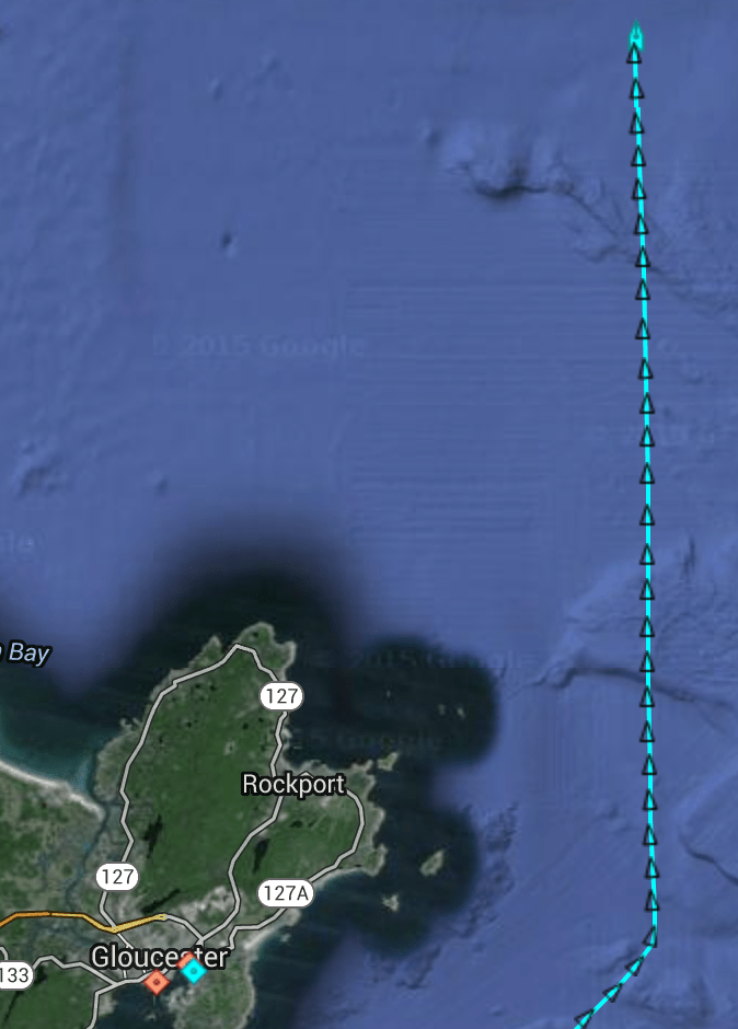 If you click on the sunrise and enlarge you can see the Rockport Breakwater and also a very large barge. A click or two on maritime traffic and bread crumbs left behind by the tug Dolphin identifies the boat heading north five miles out. Hope the heat works on the bridge.