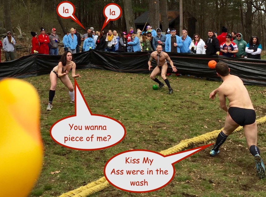 What happened next was epic. Maybe Craig caught it on film. Mister F. U. socks has unloaded a 97 mph fastball that misses the mark. The high cheese is high but do you see the two with the Red Solo cups not paying attention? Yeah, that's what happens. Like a trick pool shot the ball first hits her in the face then heads on over to finish off the dude. Epic launching of two beers into the air. 