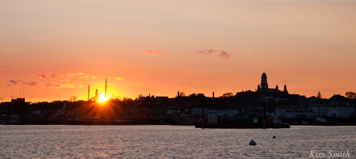 Gloucester skyline UU Church Schooner Adventure sunset c Kim Smith.