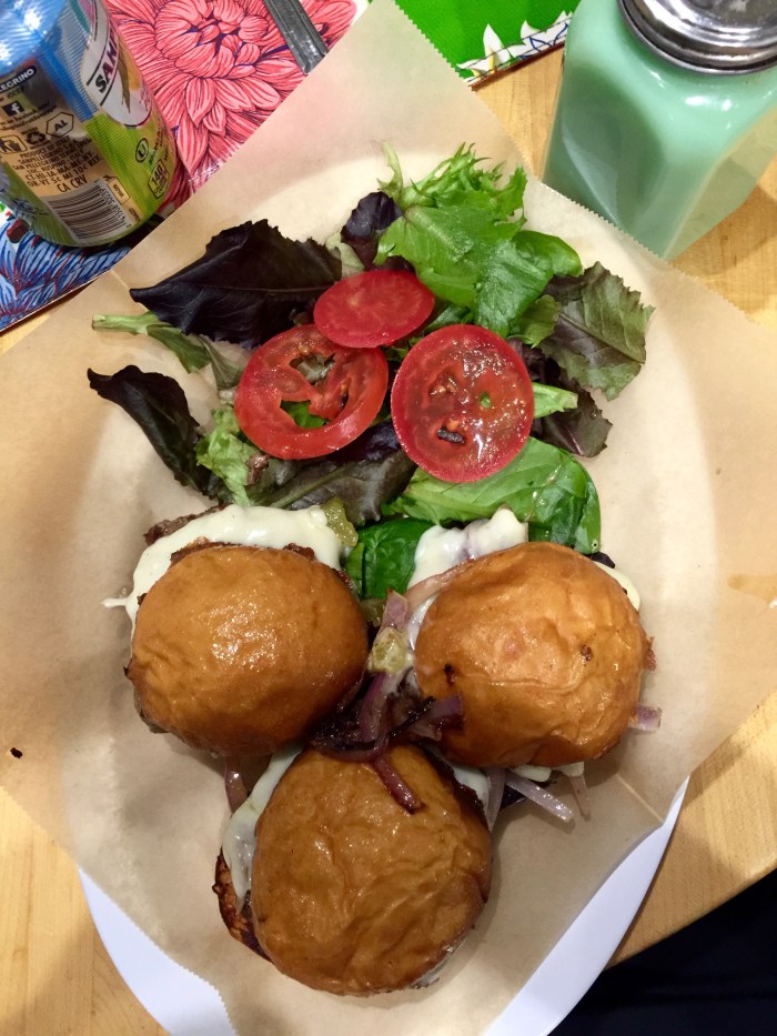 These are Sliders in name only. Brioche toasted nicely , some sweet onion and a cheese that makes the whole thing so gooey. Try it with the potato onion soup.