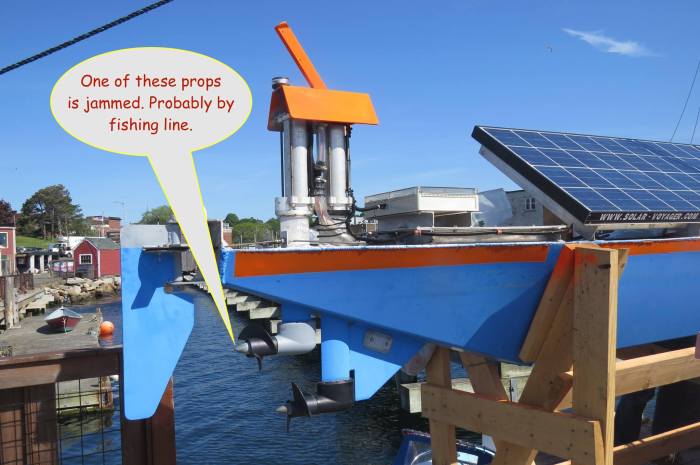 One prop jammed and the rudder is not happy either. Line might be wrapping a prop and dangling off hitting the rudder.