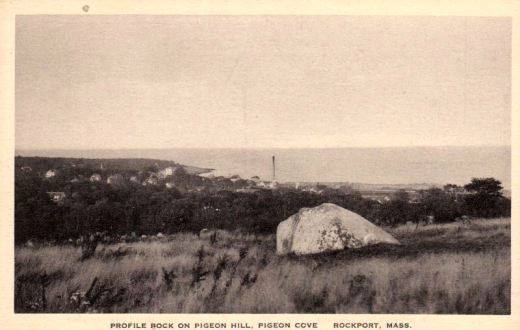 Old photo of Profile Rock with Cape Ann Tool Company Smokestack in background.