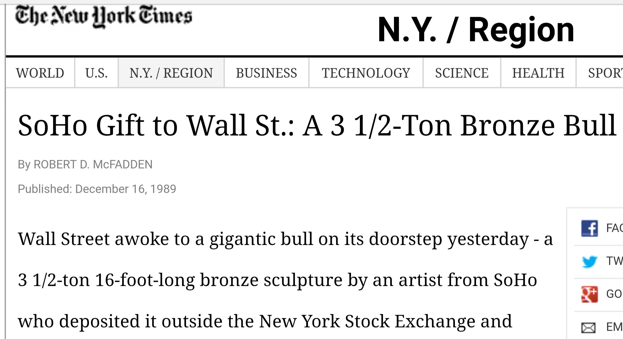 Arturo Di Modica wall st bull charging dec 15 1989